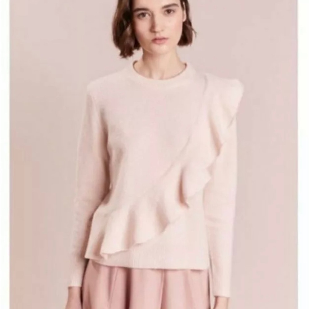 Pink Jcrew Ruffle Front Marino Wool Sweater